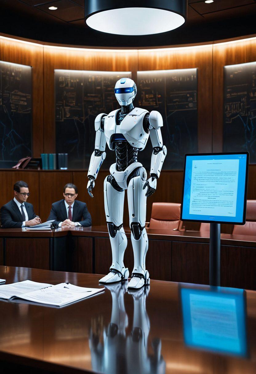 A futuristic courtroom with holographic screens displaying legal documents and case files, a robot assistant helping a lawyer, and a judge with augmented reality glasses. Super-realistic. Vibrant colors. High-tech atmosphere. Clean, digital aesthetics.