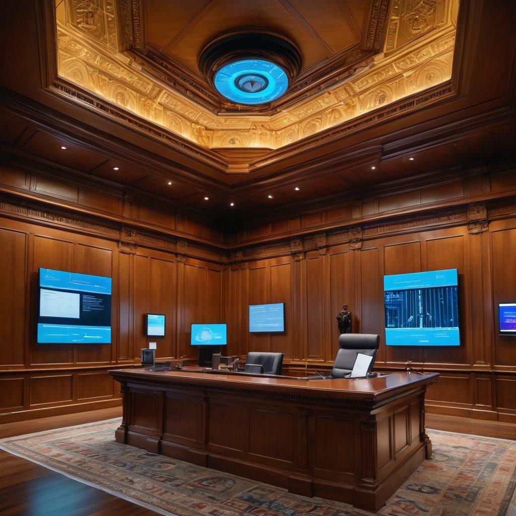 A futuristic courtroom with holographic displays and digital interfaces seamlessly integrated into the traditional setting. Lawyers and judges interact with augmented reality screens showing case records and evidence holograms, while a sleek AI assistant helps manage documents. The atmosphere combines modern technology with the solemn grandeur of judicial proceedings. super-realistic. vibrant colors. high-tech theme.