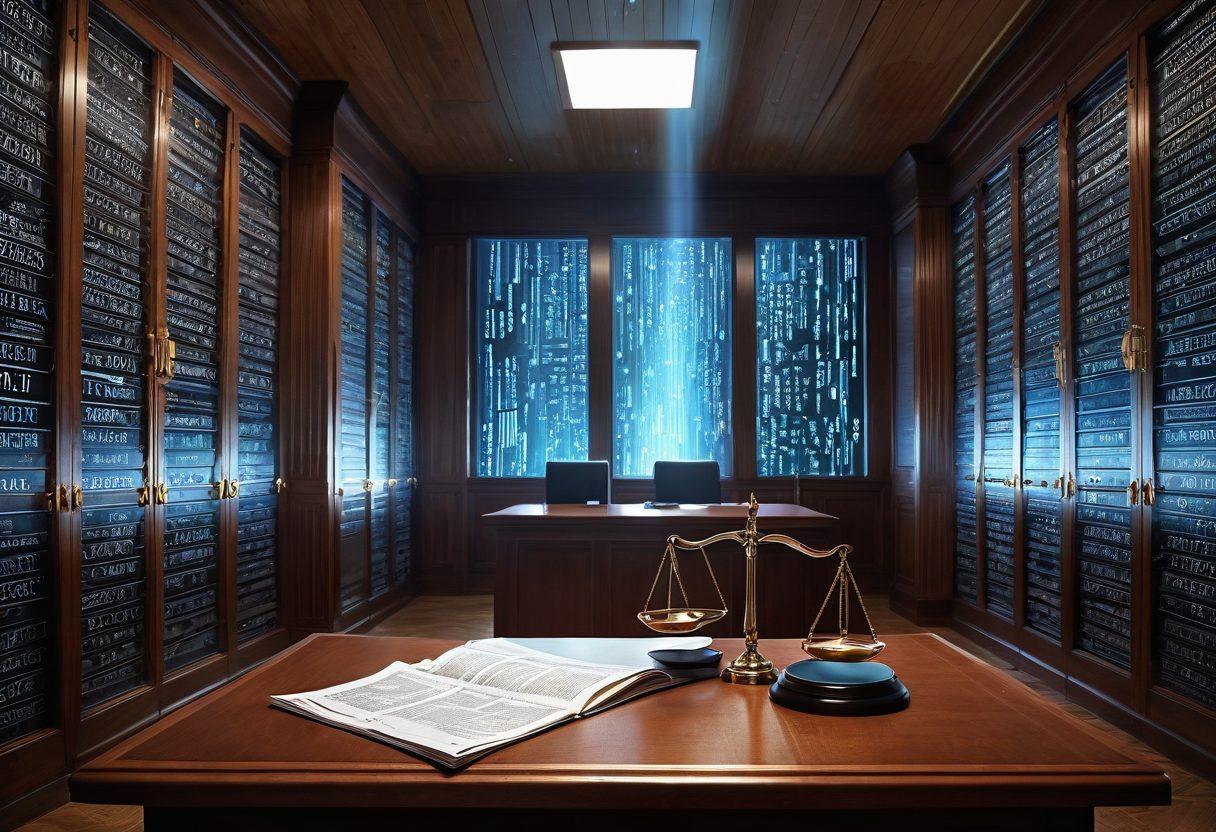 A dynamic transition scene showing ancient court documents turning into binary code and then into sleek digital files. Include a judge's gavel and scales of justice to symbolize the legal aspect. The background should merge a traditional courtroom with a futuristic server room. Double exposure effect to emphasize transformation. super-realistic. vibrant colors.